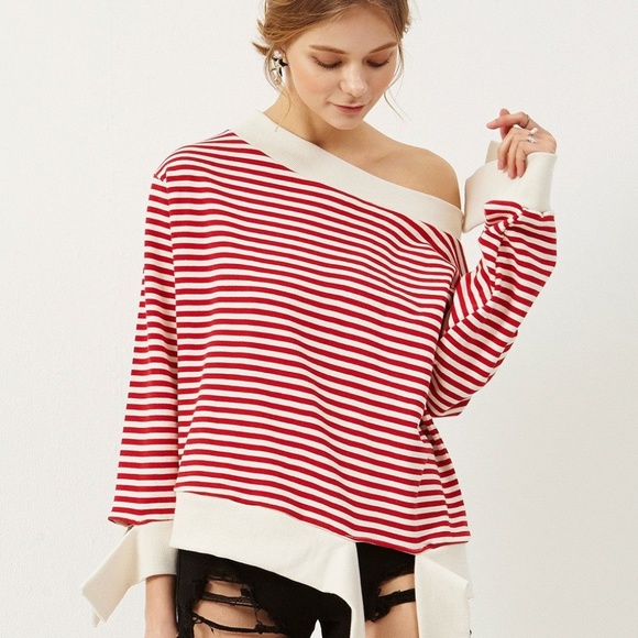 storets Tops - Storets Sara Stripe One Shoulder Sweatshirt Top